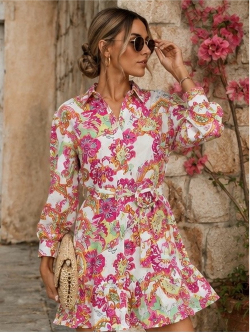 Zara Floral Print Belted Shirt Dress Pink, Green, Yellow bloggers favourite - Picture 2 of 9